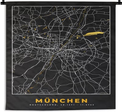 Wandkleed - Wanddoek - München - Plattegrond - Kaart - Stadskaart - Goud - Duitsland - 180x180 cm - Wandtapijt