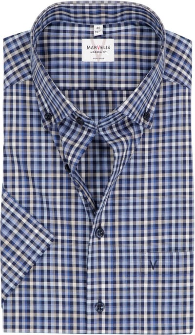 MARVELIS modern fit overhemd - korte mouw - popeline - blauw met wit en beige geruit - Strijkvrij - Boordmaat: 39 (EU maat: M)