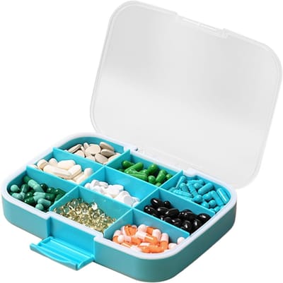 Tablettenbox, pillendoos, 9 vakken, pillendoos, reis-pillen-organizer en draagbare pillendoos met luchtdichte sluiting, extra groot, voor buiten en op reis，19.3*14.5*4.2cm