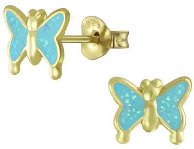 Joy|S - Zilveren vlinder oorbellen -glitter blauw - gold plated