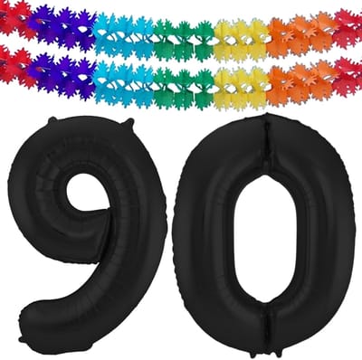 Folat Verjaardag Leeftijd folieballon - 90 jaar - zwart - 86 cm - cijferballon groot - incl 2x feestslingers