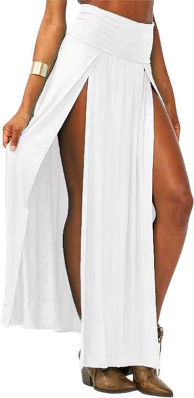Dames Maxi Rok Hoge Taille met Dubbele Split – Lange Zomerrok Effen Casual Elegant voor Strand, Vakantie en Feest - Wit