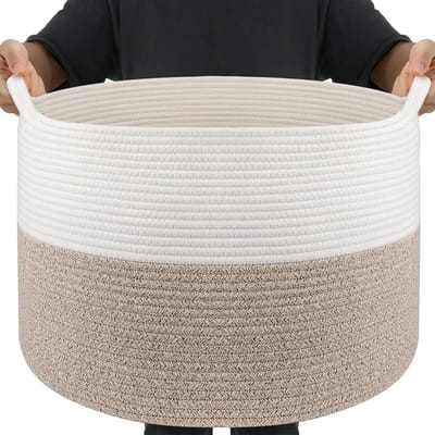 SnelShoppen - Grote Vouwbare Opbergmand van Katoen, 68 L, Wasmand voor Kleding, Speelgoed, Dekens, 55 x 35 cm, Met Stevige Handvatten, Witte Opbergman