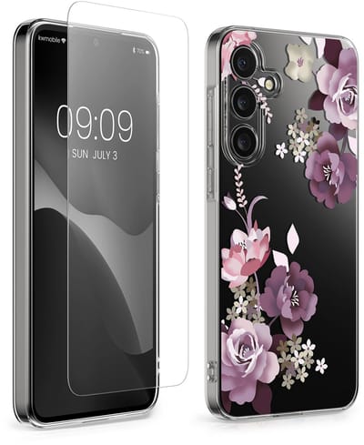 kwmobile telefoonhoesje geschikt voor Samsung Galaxy A55 5G hoes - Telefoonhoesje voor smartphone - Telefoon cover - Met glazen schermbeschermer - Bloesems en rozen design