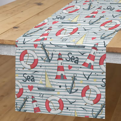 ABAKUHAUS Tafel Loper – Maritiem ontwerp, 40×225 – Teal/Creme
