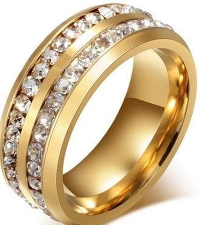 Schitterende Gold Plated RVS Ring met Dubbele Zirkonia Rij | 8 mm Breed | Jonline | Maat 57=18.25 mm.