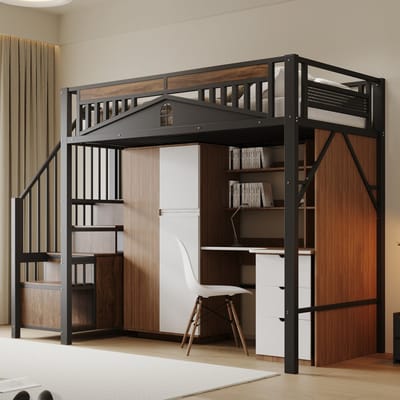 REDOM Hoogslaper – 90x200 cm – Met trap & opbergruimte – Metaal & hout – Zwart