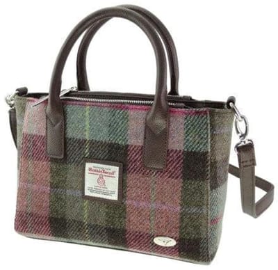 Handtas Brora Gedempt Groen & Paars Tartan - Ritssluiting - Draagband - Harris Tweed - Glen Appin of Scotland