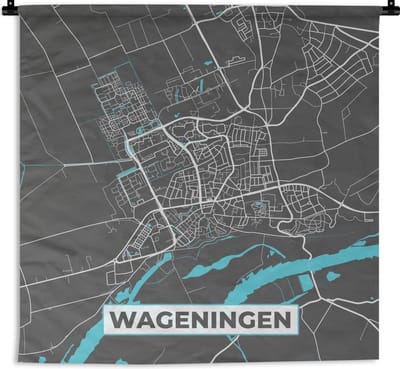 Wandkleed - Wanddoek - Plattegrond - Wageningen - Grijs - Blauw - 60x60 cm - Wandtapijt - Stadskaart