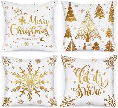 Set van 4 Witte Gouden Kussenhoezen 40x40cm met Sneeuwvlokken voor Kerstdecoratie en Bankaccessoires