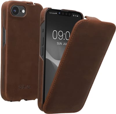 kalibri flip cover geschikt voor Apple iPhone 17e / iPhone 16e - ultradunne leren hoes voor smartphone - bruin
