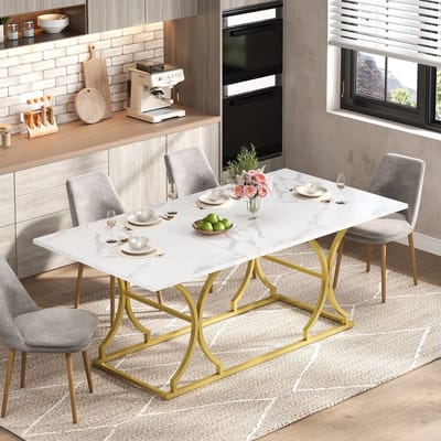 Sweiko Eettafel - Marmerlook - MDF-tafelblad - Metalen poten - Geschikt voor 6 personen - Wit + Goud