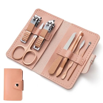 Roze manicure set nagelknipper set voor dames en heren 7 delig roestvrij staal nagel verzorging set met etui nagel tang pincet vijl en schaartje