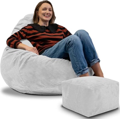 DreamRoots Zitzak voor Volwassenen of Kinderen – Corduroy Beanbag met Voetsteun en Afneembare Hoes – Inclusief Vulling – 90x90x100 cm – Storm Gray