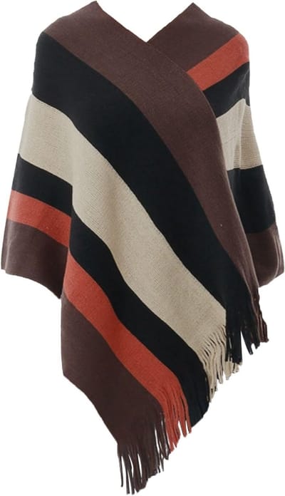 Dames Gebreide Warme Gestreepte Poncho's voor de Winter met Fluffy Mouwen en Franje, Plus Size Sjaal en Sweater Knitwear