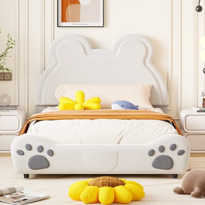 Kinderbed 140x200 - Beer Vorm - Eenpersoonsbed - Velours - Wit
