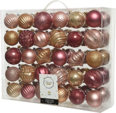 Decoris Kerstballen - 60x st - roze en bruin - 6 en 7 cm - kunststof - kerstversiering