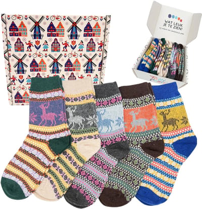 Tutti Footi - Winter Sokken met Rendieren - Huginn - Set 5 paar - Noorse Sokken dames Maat 35-39 - Nordic Socks