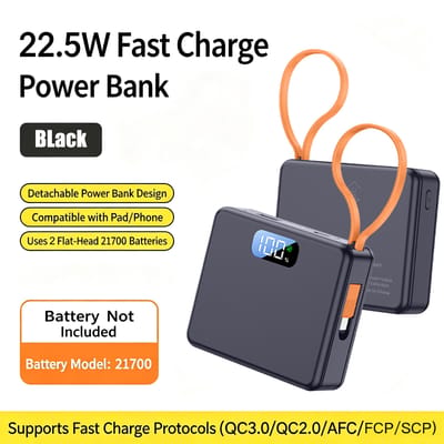 Digitale Batterijweergave 10W PD 22.5W Snelladen Powerbank Case 2x21700 Soldeervrij DIY Batterijdoosje USB Type C QC3.0 Behuizing Met Oplaadkabel 22.5W Quick Black
