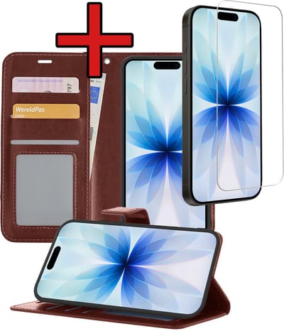 Hoesje - Met Screenprotector - Geschikt voor Apple iPhone 17 - Luxe Pasjeshouder - Flipcase - Bookcase Portemonee - Flip Case - Kunstleer Book Case - Book Cover - Walletcase - Portemonneehoes - Telefoonhoes - Bruin