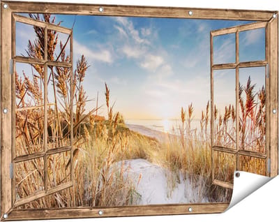 Gards Tuinposter Doorkijk Strand en Zee vanuit Duinen met Zonsondergang - 120x80 cm - Tuindoek - Tuindecoratie - Wanddecoratie buiten - Tuinschilderij