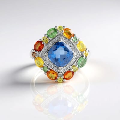 Cavill - Zilveren ring met fluoriet 2,57 ct - Platina 925 sterling zilver - Antiek kussenslijpsel - Ovale en ronde saffieren 1,9 ct - Elegante ring