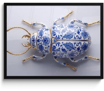 Poster in lijst - Fotolijst 80x60 cm - Posters - Kever - Delfts - Blauw - Goud - Posterlijst zwart - Decoratie - Wanddecoratie woonkamer - Muurdecoratie slaapkamer
