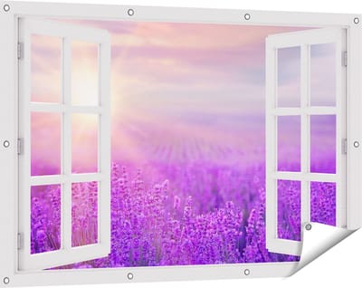 Gards Tuinposter Doorkijk Bloemenveld met Paarse Lavendel - 120x80 cm - Tuindoek - Tuindecoratie - Wanddecoratie buiten - Tuinschilderij