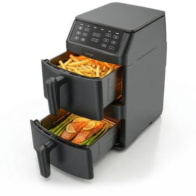Seeger SuperFry Dubbele Airfryer - 11 Liter, 6 Kookprogramma's - 30°C–220°C - PFAS-vrij - Gestapelde lades - Voor 10 personen - Digitaal Touchscreen