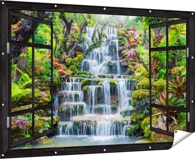 Gards Tuinposter Doorkijk Tropische Waterval in Thailand - 180x120 cm - Tuindoek - Tuindecoratie - Wanddecoratie buiten - Tuinschilderij