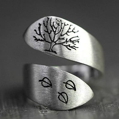 Bague Ouverte Arbre de Vie Trois Feuilles Argent 925 Vintage Dessin Artisanat Cadeau Bijou Bague Vente en Gros Resizable white