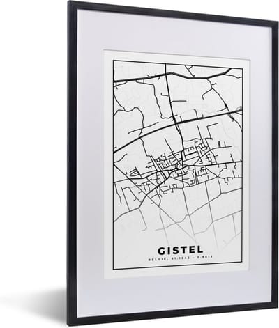 Fotolijst incl. Poster Zwart Wit- Plattegrond – Gistel – Zwart Wit – Stadskaart - België - Kaart - 30x40 cm - Posterlijst