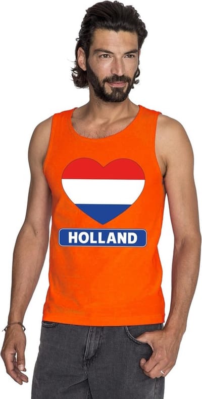 Oranje Holland hart vlag tanktop shirt/ singlet heren - Oranje Koningsdag/ Holland supporter kleding S