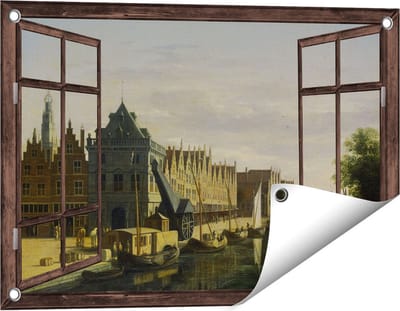 Gards Tuinposter Doorkijk De Waag en de Kraan aan het Spaarne te Haarlem - Gerrit Adriaensz Berckheyde - 60x40 cm - Tuindoek - Tuindecoratie - Wanddecoratie buiten - Tuinschilderij