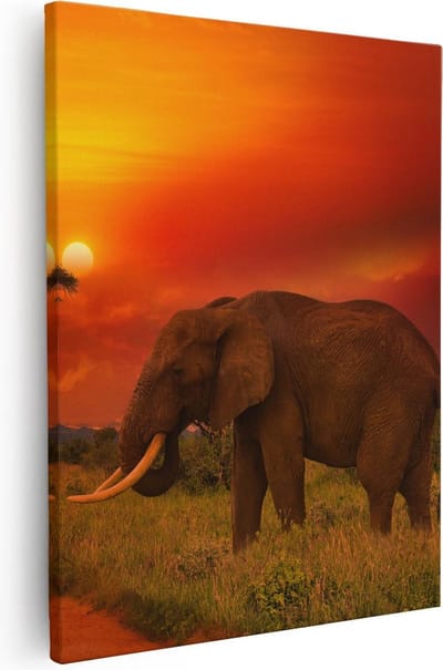 Artaza Canvas Schilderij Zonsondergang Afrika - 40x50 cm - Wanddecoratie Olifant - Muurdecoratie Dieren - Schilderijen Op Canvas