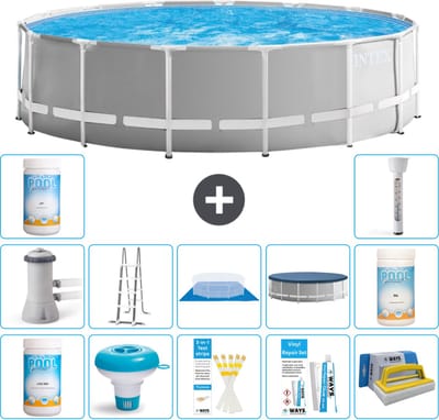 Intex Rond Prism Frame Zwembad - 457 x 122 cm - Grijs - Inclusief Pomp - Ladder - Grondzeil - Afdekzeil Chloor - Chloordrijver - Testrips - Reparatiesetje - Scrubborstel - PH-waarde - PH-waarde - Thermometer