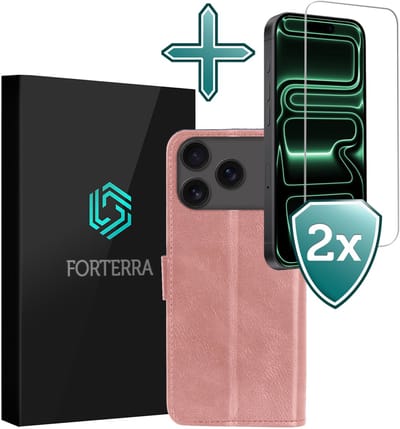 Hoesje Met 2x Screenprotector - Geschikt voor Apple iPhone 17 Pro - Luxe Pasjeshouder - Flip Case - Bookcase Portemonee - Kunstleer Book Case - Flipcase Hoes - Book Cover - Walletcase - Portemonneehoes - Rosé goud