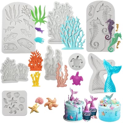 Dailygoods- Siliconen Vorm 8 Stuks - Zeeleven Patroon - Schelp/Zeemeerminstaart - Decoratie Taarten - Snoep/IJs/Zeep - Grijs Materiaal - Bakvorm
