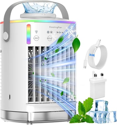 Aircooler 4-in-1 – Draagbare Luchtkoeler met Verneveling – 4 Snelheden – 700 ml – RGB Licht & Timer