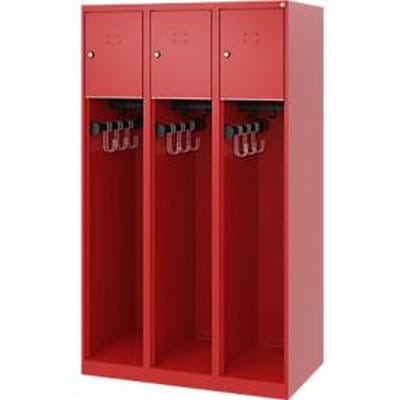 Brandweerkluis C+P Evolo Youngster, 3 vakken, zonder helmhouder, vloerglijders, B 900 x D 500 x H 1530 mm, RAL 3000 vuurrood