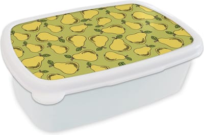 Broodtrommel Wit - Lunchbox - Brooddoos - Peer - Fruit - Vintage - Patronen - 18x12x6 cm - Volwassenen
