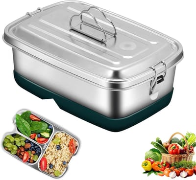 Lunchbox - Roestvrij staal - 2000 ml - 22 × 15,5 × 9 cm - Bento Box - Lekvrij - Met vakverdeling - BPA-vrij - Geschikt voor volwassenen en kinderen - Zilver