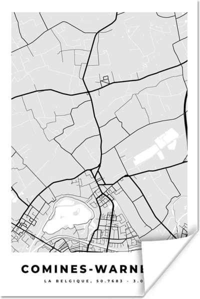 Poster Zwart Wit – België – Plattegrond – Stadskaart – Kaart – Comines Warneton - 120x180 cm XXL