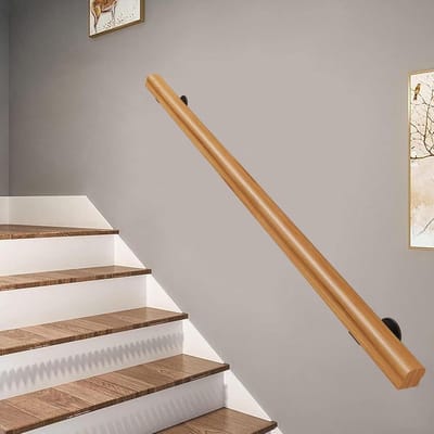 Houten muur trapleuning - Massief houten reling - Veilig traplopen - Stevige veiligheidsbeugels - 270 cm - Houtkleur