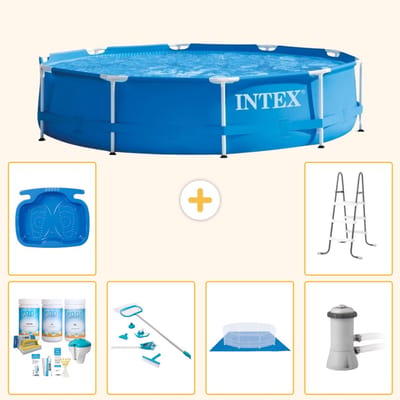 Intex Rond Frame Zwembad - 366 x 76 cm - Blauw - Inclusief Onderhoudspakket - Schoonmaakset - Grondzeil - Zwembadfilterpomp - Voetenbad - Ladder - 7-delig