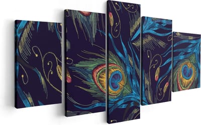 Artaza Canvas Schilderij Vijfluik Getekende Pauw Veren Achtergrond - 100x50 - Foto Op Canvas - Canvas Print