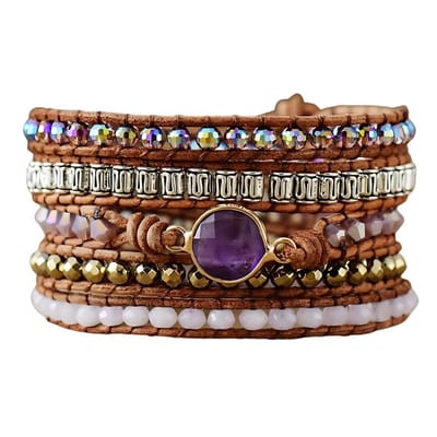 Marama - wikkelarmband Bohèmian Sun Amethist - leer - edelsteen - dames armband - cadeautje voor haar - verstelbaar - 5x om de pols