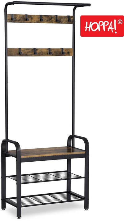 Hoppa! Kapstok - Garderoberek Staand - Schoenenrek - Bruin - Staal/Hout - 72x33,7x183cm (BxDxH)