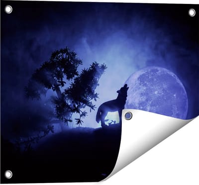 Gards Tuinposter Huilende Wolf in Silhouet bij Volle Maan - 50x40 cm - Tuindoek - Tuindecoratie - Wanddecoratie buiten - Tuinschilderij