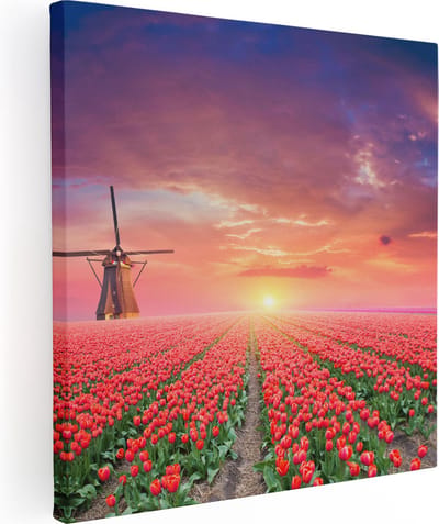 Artaza Canvas Schilderij Molen - 30x30 cm - Klein - Wanddecoratie Tulpen - Muurdecoratie Nederlands Landschap - Kamer Accessoires Zonsondergang